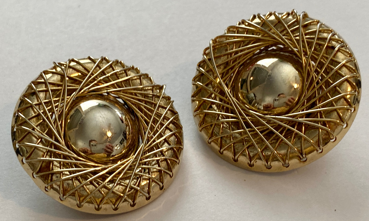 Vintage Large Gold Tone Metal Round Wire Clip on Earrings