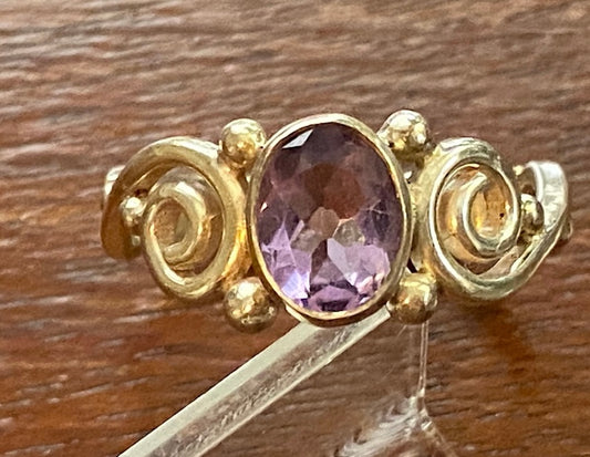 Sterling Silver 925 Oval Amethyst Solitaire Swirl Design Ring Sz 7.75