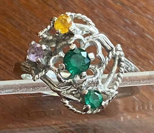 10k White Gold Gemstone Ring Sz 6.25 Amethyst Emerald Yellow Topaz