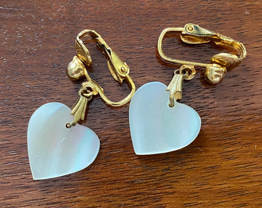 Vintage Gold Tone Heart MOP Mother of Pearl M Letter Initial Clip on Earrings