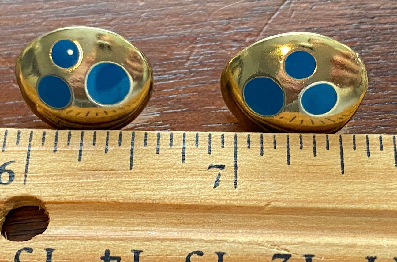 Vintage Gold Tone Metal Blue Enamel Stud Pierced Earrings