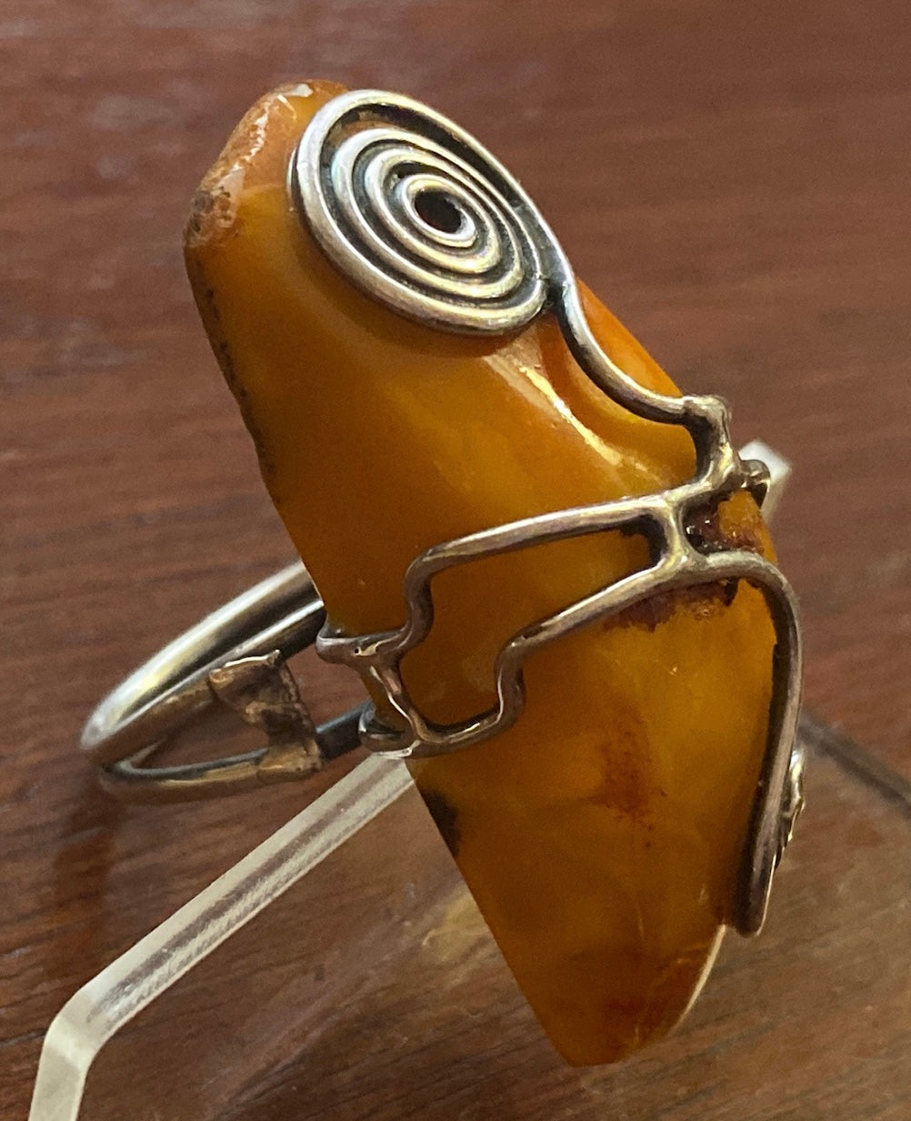 Massive Free Form Amber Wire Wrap Sterling Silver Ring Sz 7.75