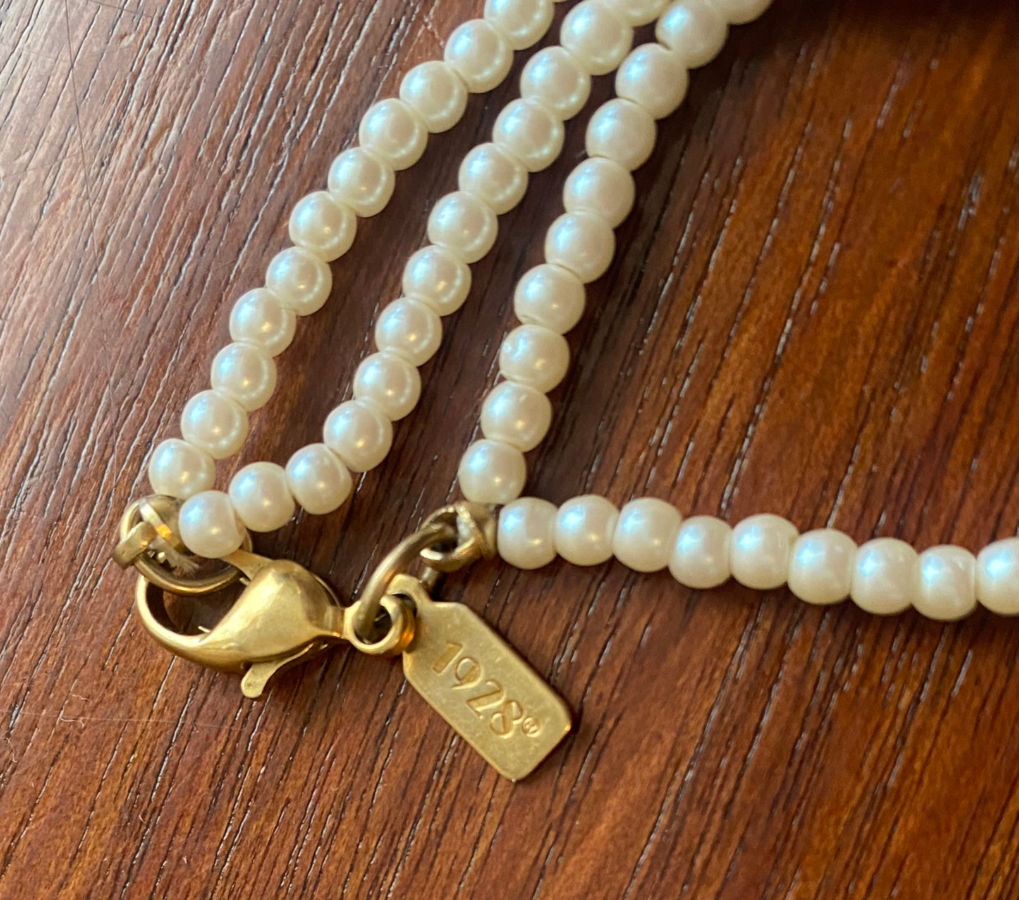Signed 1928 Two Strand Faux Pearl Long Necklace