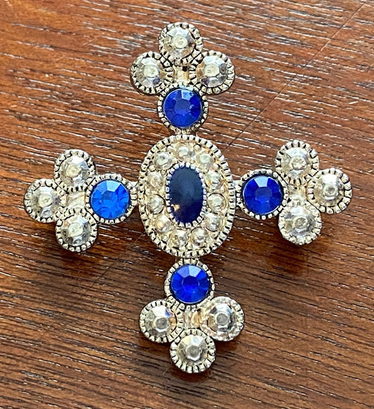 Vintage Silver Tone Blue Rhinestone Maltese Style Brooch Pin