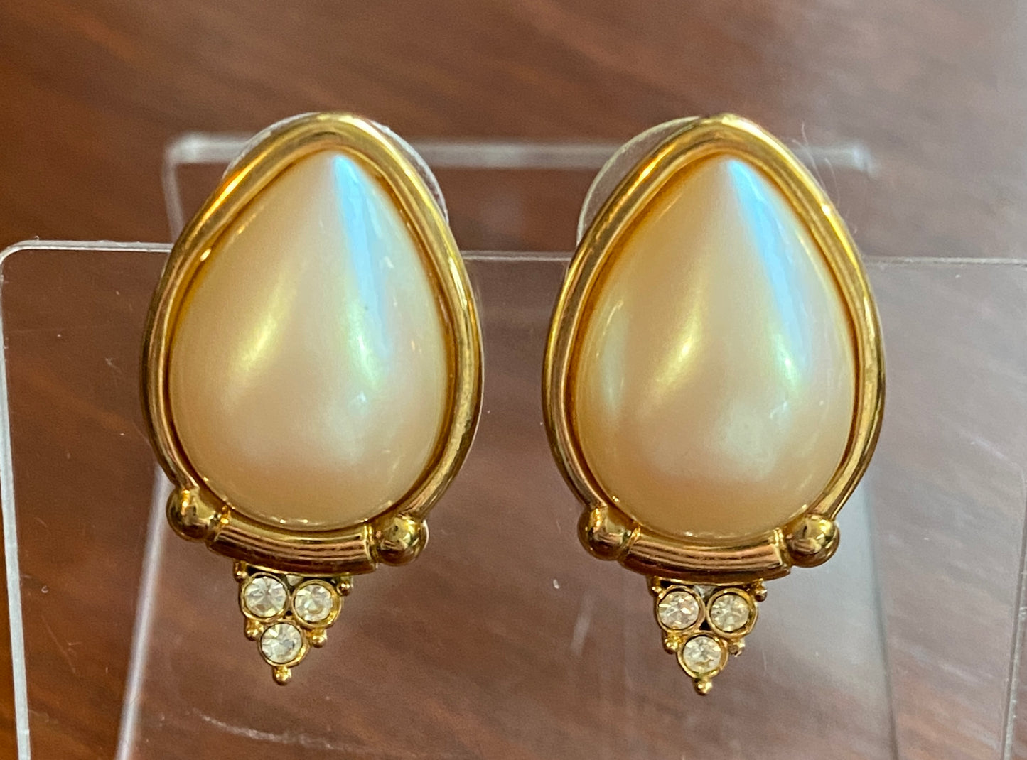 Vintage Signed Richelieu Teardrop Faux Pearl Rhinestone Pierced Earrings