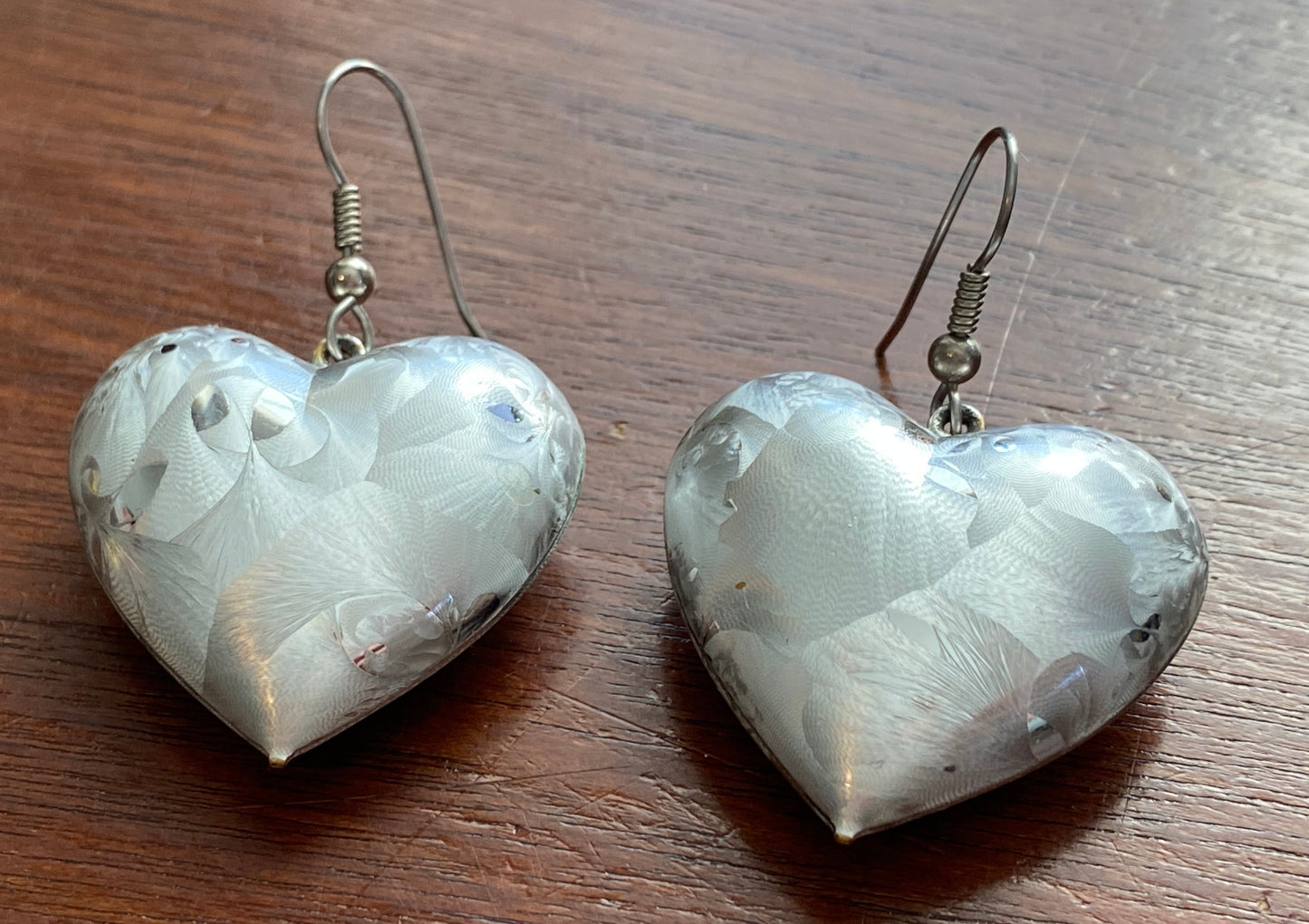 Vintage Large Textured Silvertone Metal Puffy Heart Pierced Earrings