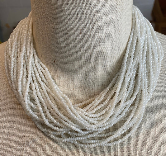 Vintage Multistrand Seed Bead Gold Tone Rhinestone Collar Statement Necklace