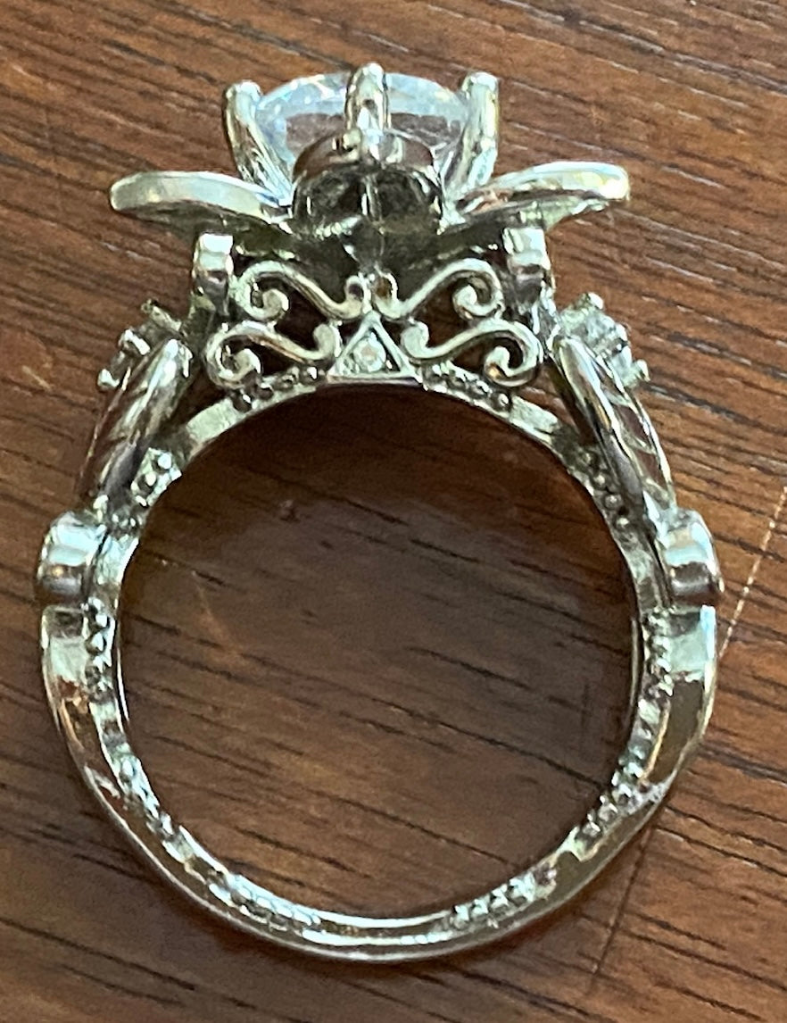 Sterling Silver Round CZ Solitaire Cocktail Flower Ring Sz 6.75