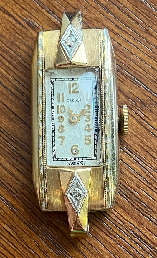 Vintage Gold Tone Crosby Womens Wrist Watch Face Only Diamond Chips