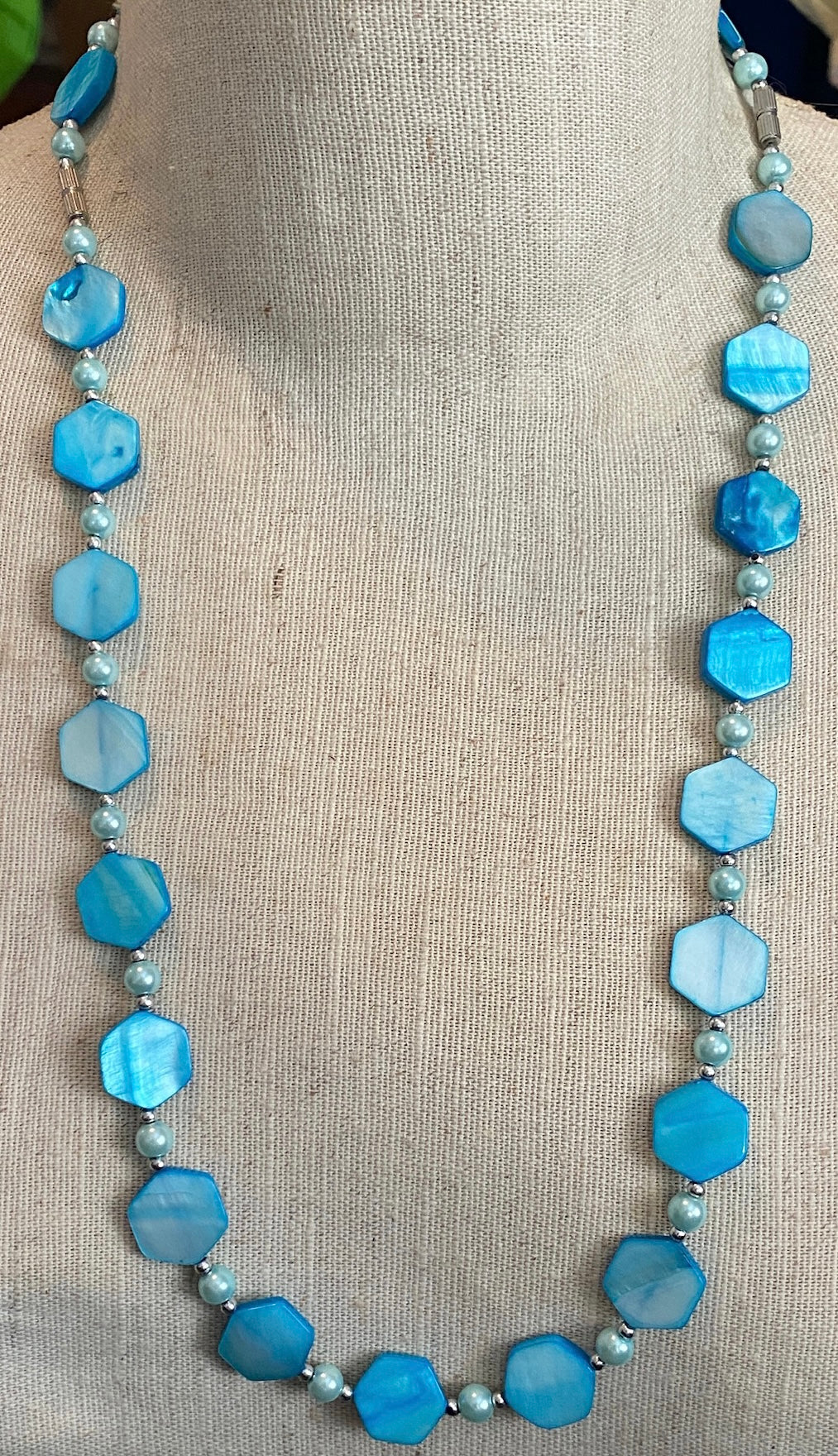 Blue Iridescent Pearlescent Disc Hexagon Shaped Single Strand Bead Necklace