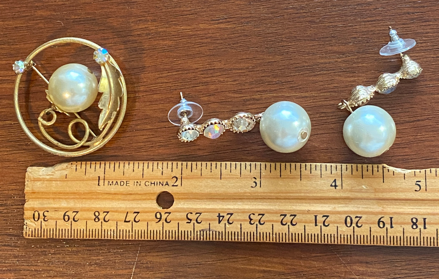 Vintage Faux Pearl AB Rhinestone Brooch and Earrings Set