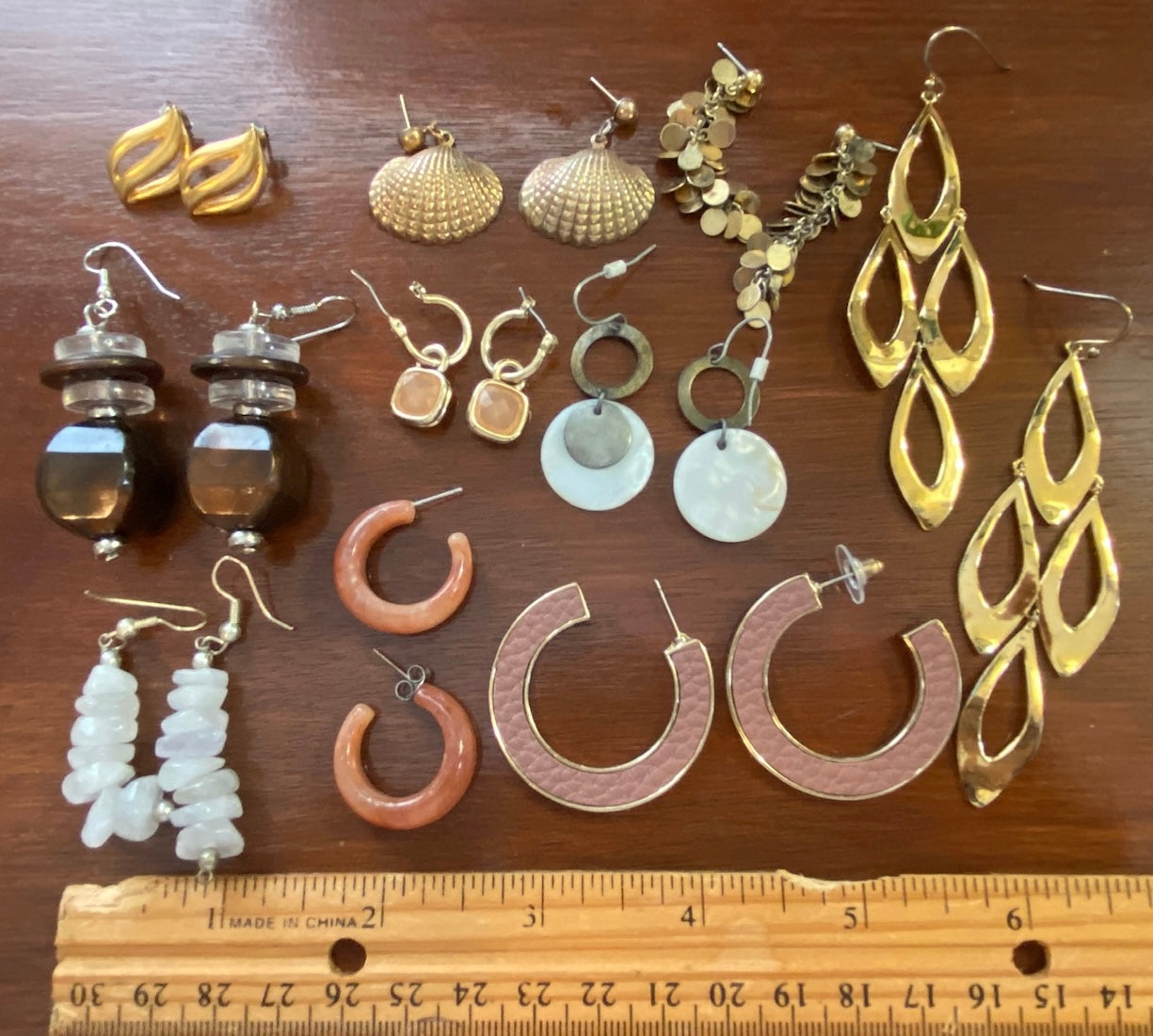 Lot of 10 Pairs Pierced Earrings Earth Tones Vintage Now Shell Gold Hoop Dangly