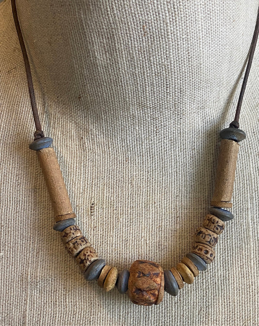 Wood Carved Stone Bead Leather Cord Necklace Tie Clasp Blue Orange Tones