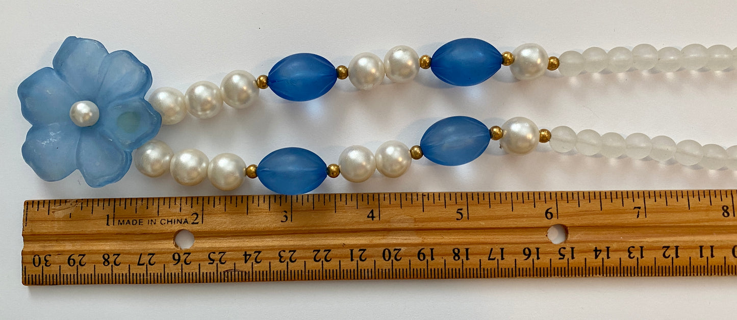 Vintage Faux Pearl Frosted Blue Flower Bead Necklace