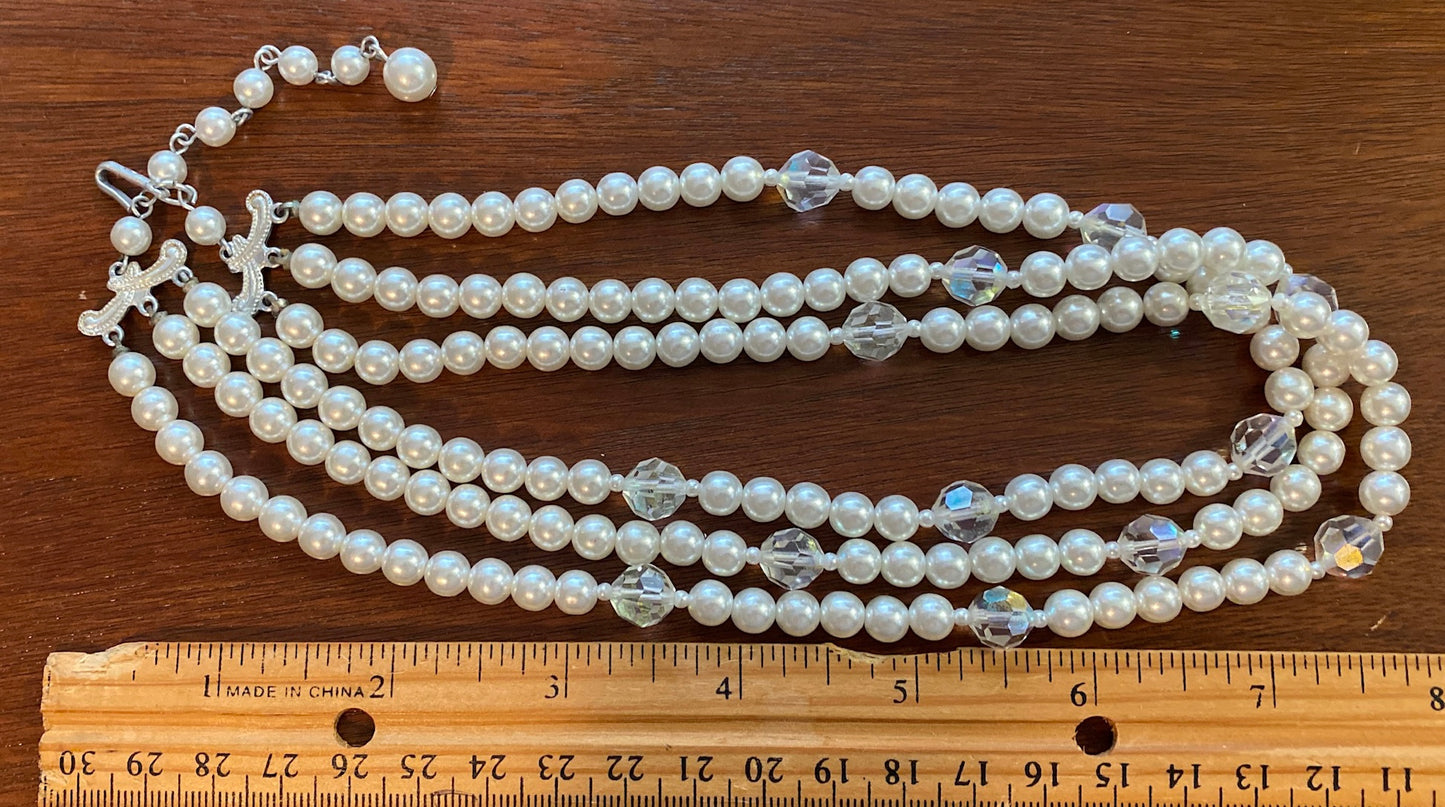 Vintage Multistrand Faux Pearl AB Aurora Borealis Collar Necklace Japan