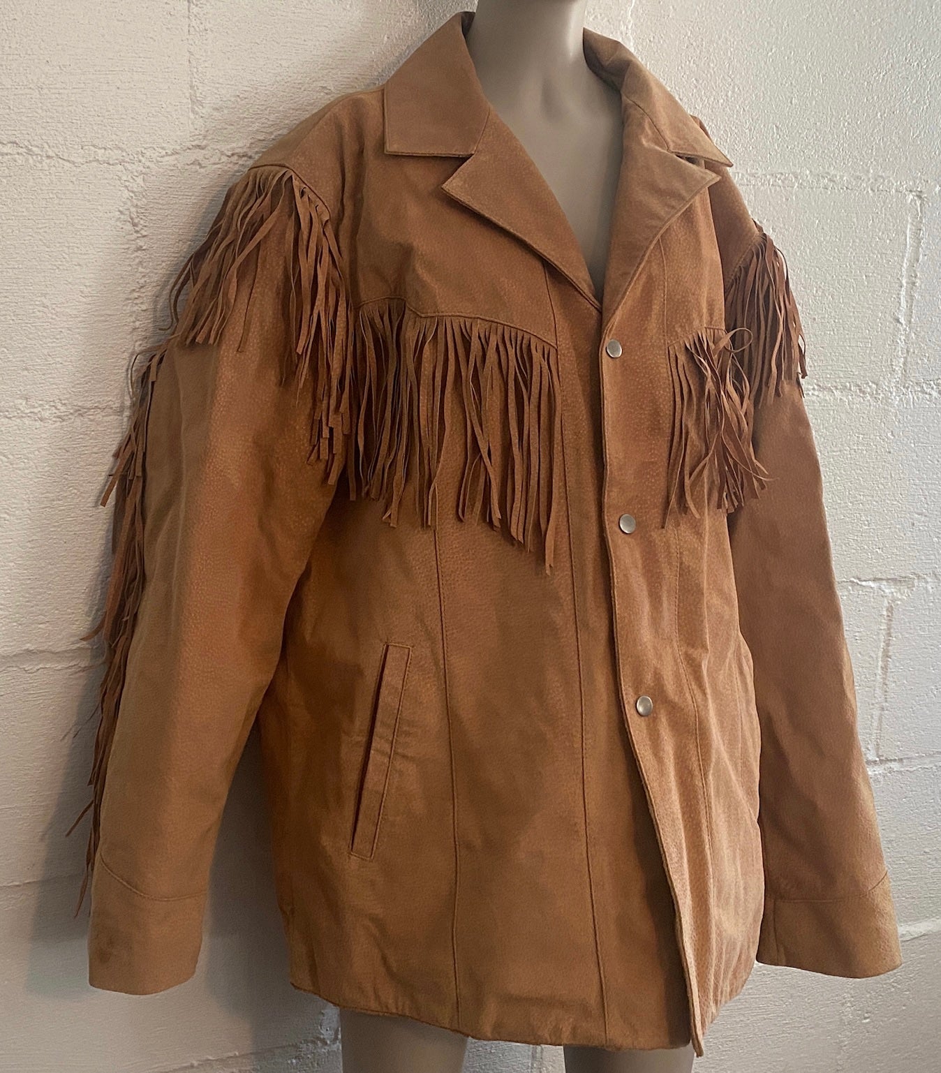 Vintage Excelled Western Suede Leather Coat Fringe Snap Closure Jacket Sz L