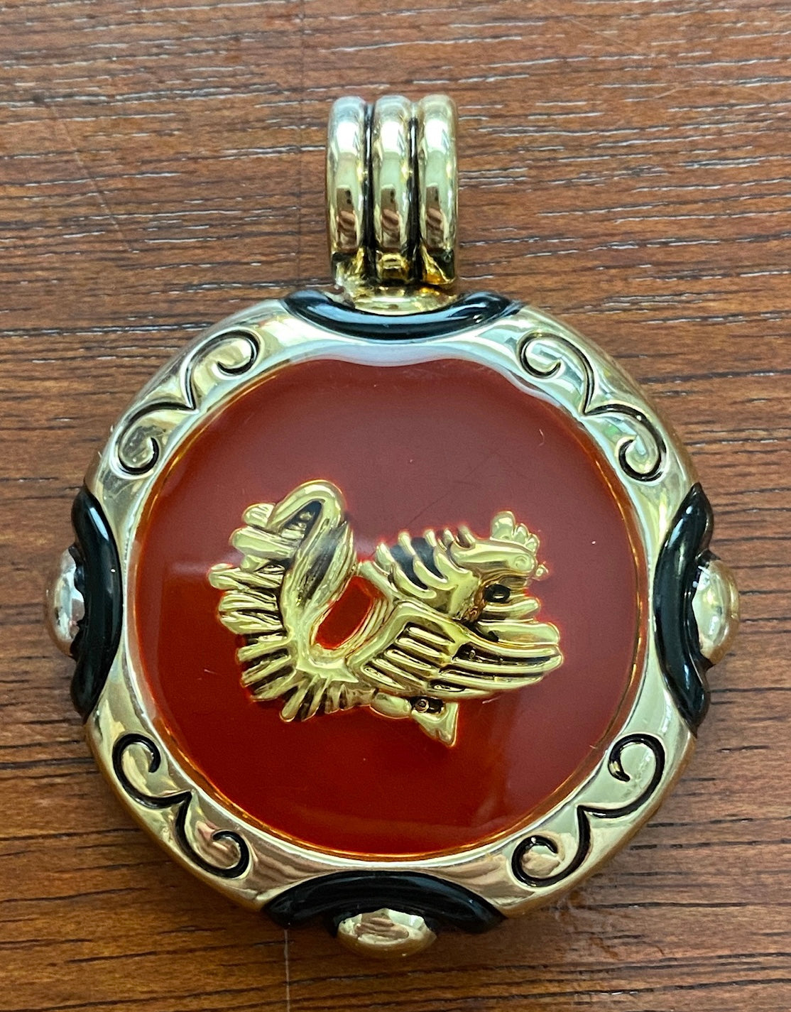 Signed Enamel Gold Tone Red Black Dragon Necklace Pendant