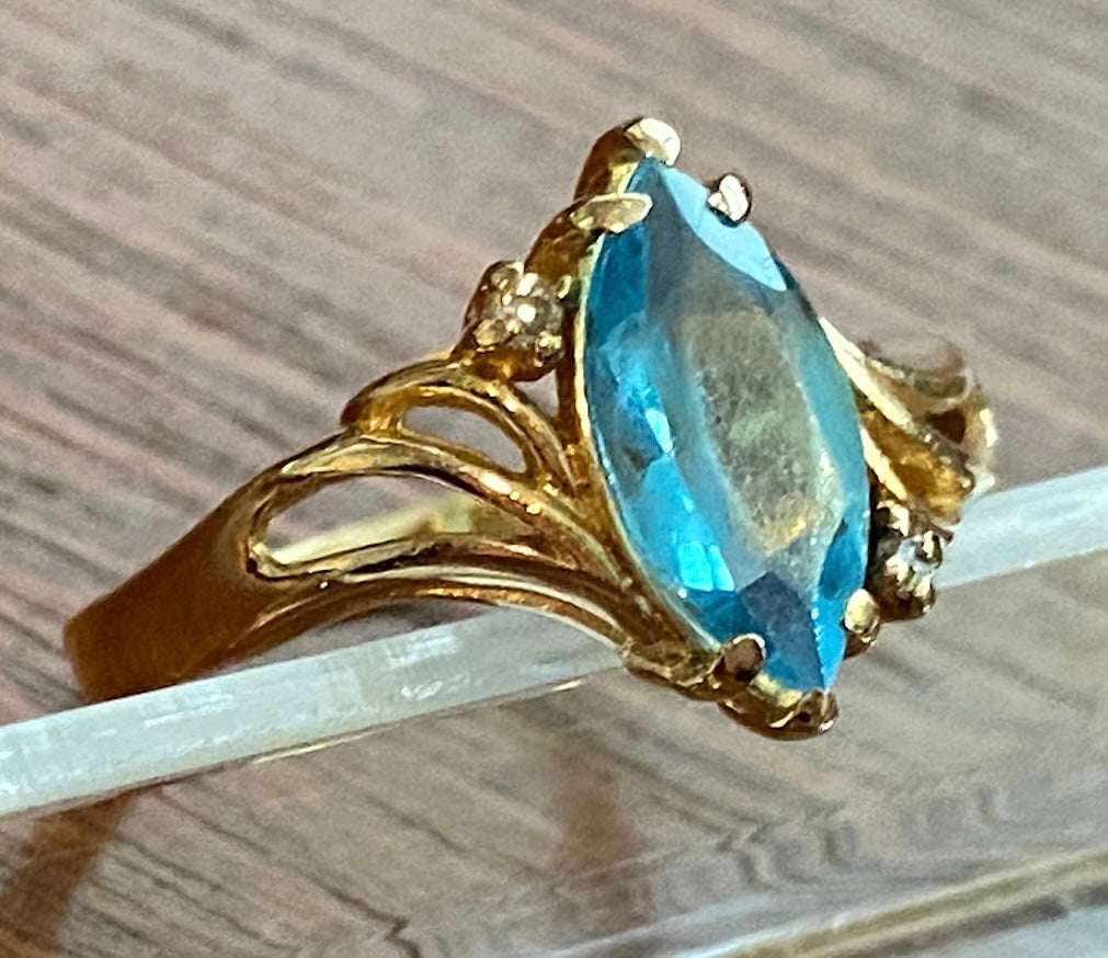 14k Yellow Gold Marquise Aquamarine Diamond Accent Ring Sz 9