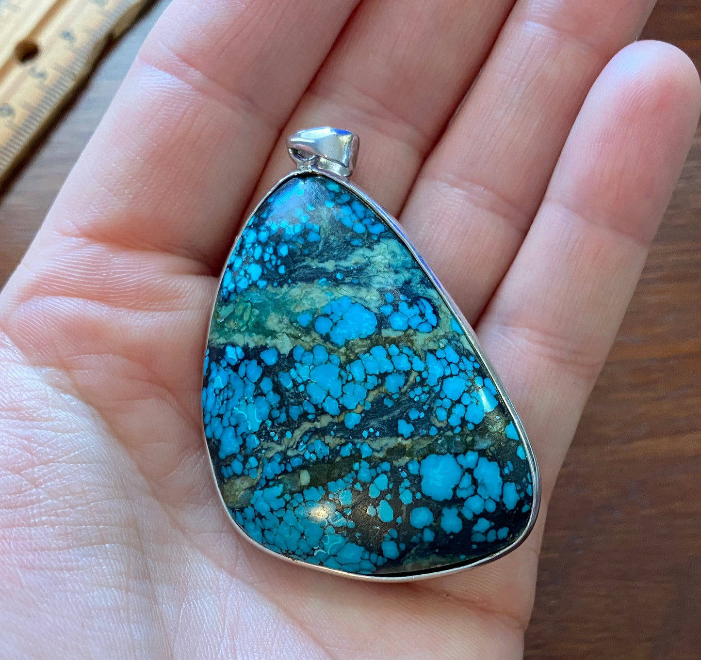 Sterling Silver 925 Large Blue Turquoise Wrapped Pendant Reversible