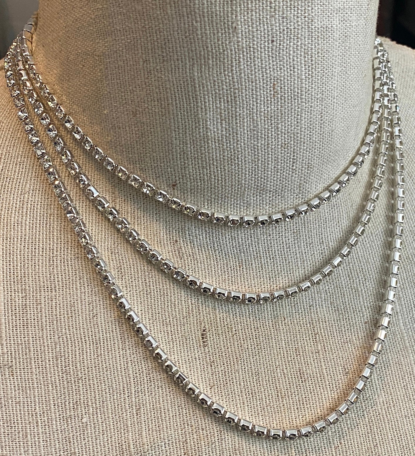 Vintage Silver Tone Multistrand Square Rhinestone Collar Necklace