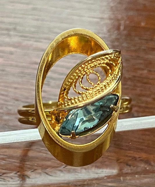 14k Gold Overlay Blue Rhinestone Cocktail Ring Adjustable
