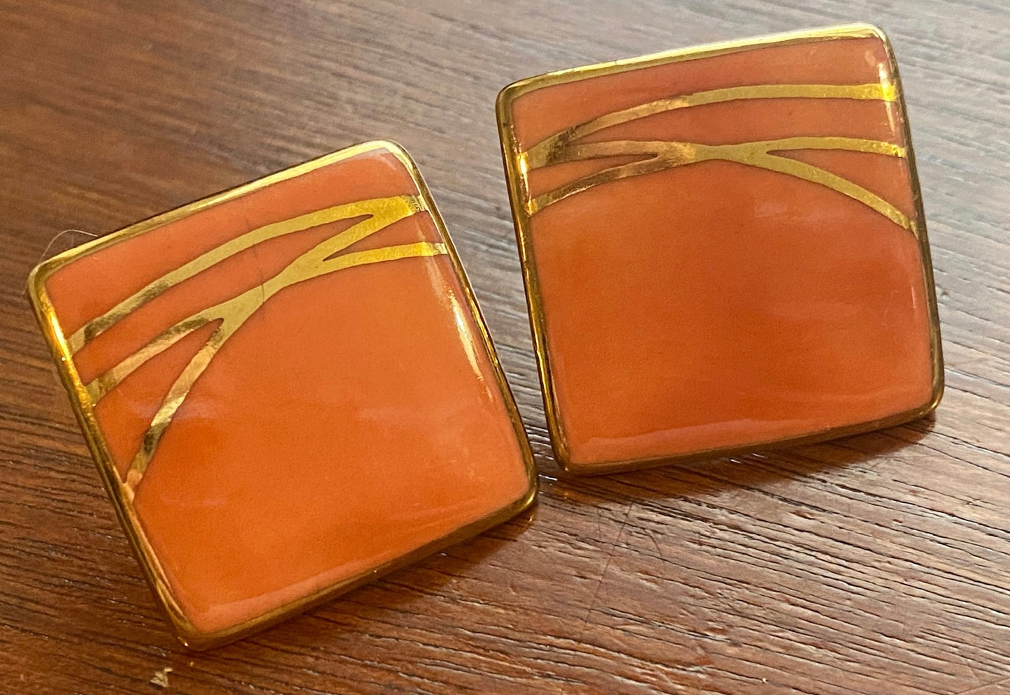 Vintage Ceramic Glazed Peach Orange Gold Tone Square Statement Earrings