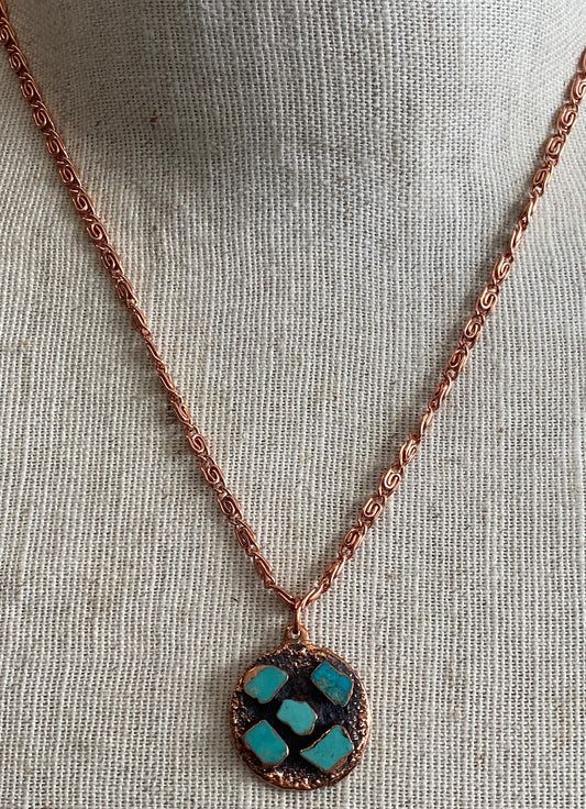 Vintage Bell Trading Post Turquoise Solid Copper Chain Pendant Necklace