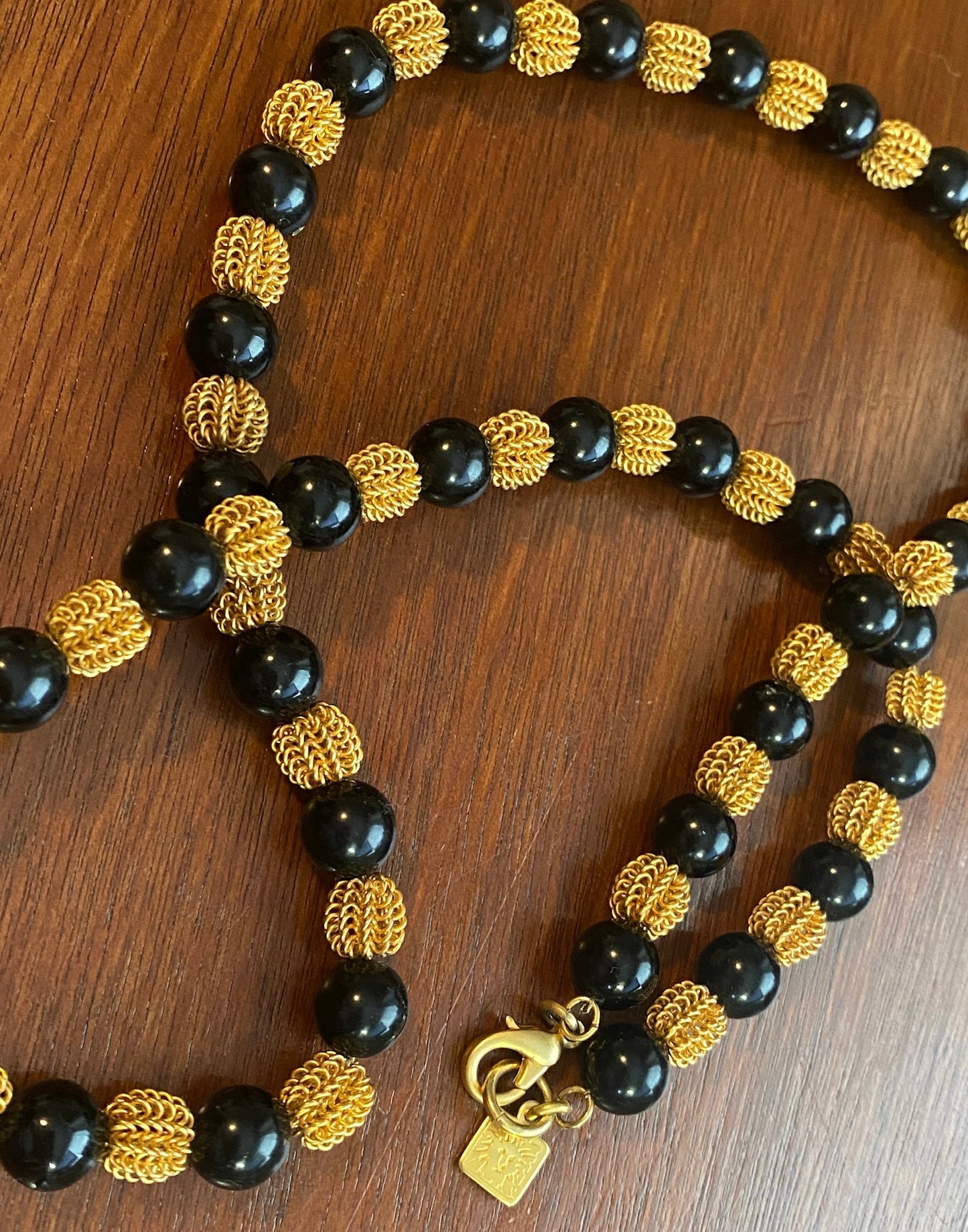 Vintage Signed Anne Klein Black Gold Mesh Bead Single Strand Necklace