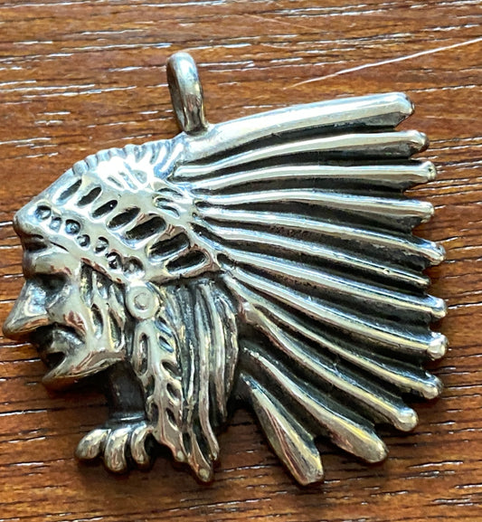 Signed Sterling Silver Indian Head Chief Necklace Pendant
