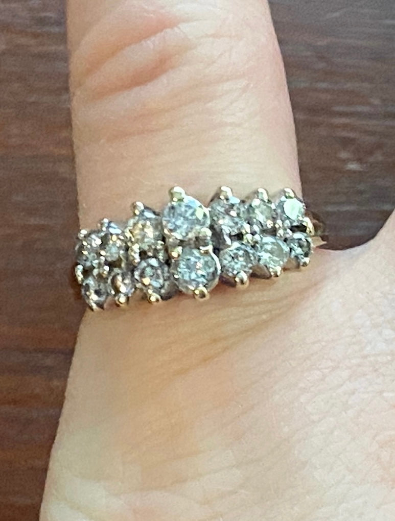 14k Yellow Gold 2 Row Round Cut Diamond Ring Sz 6.5