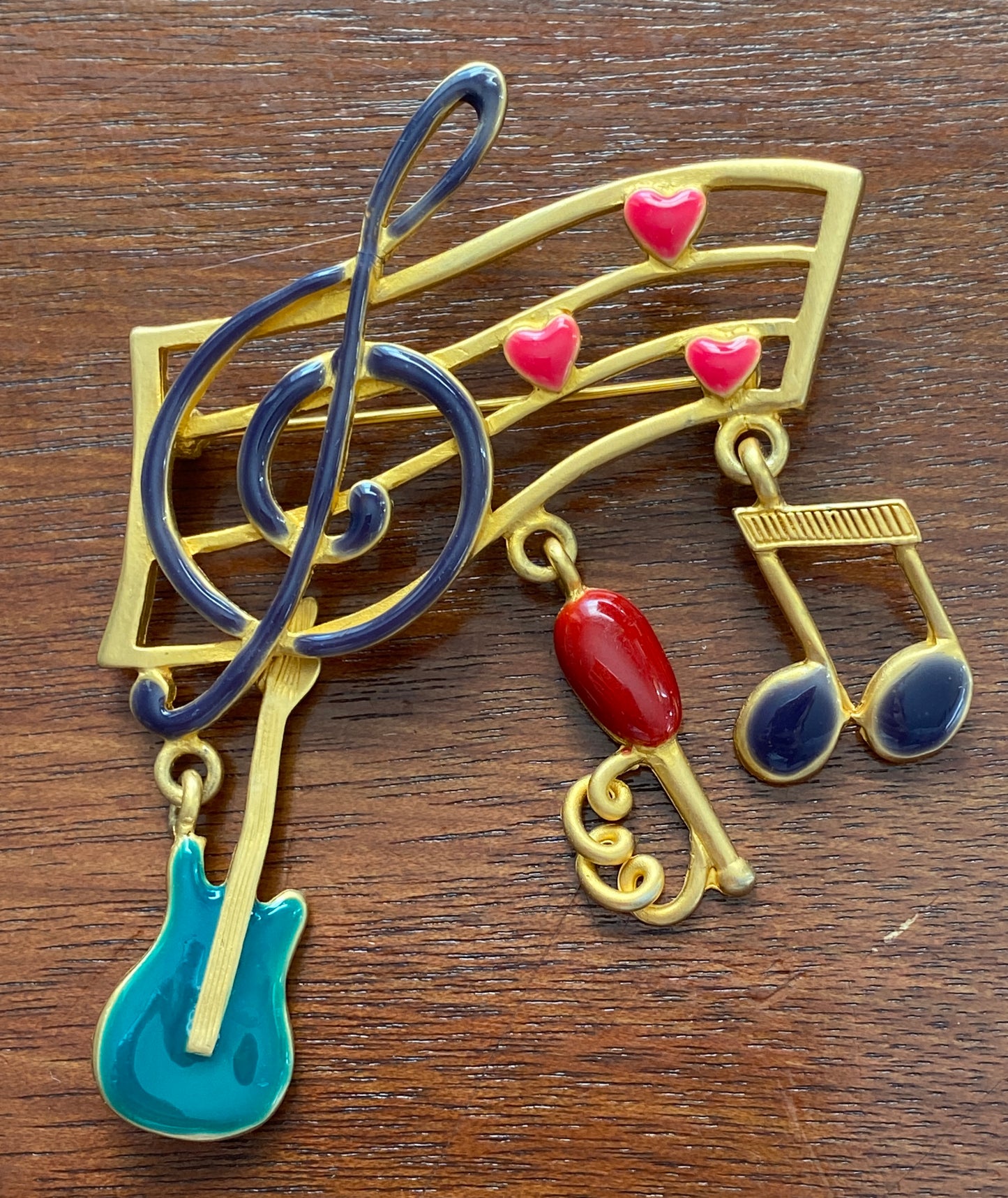 Vintage Large Brushed Gold Tone Enamel Music Theme Guitar Brooch Pin