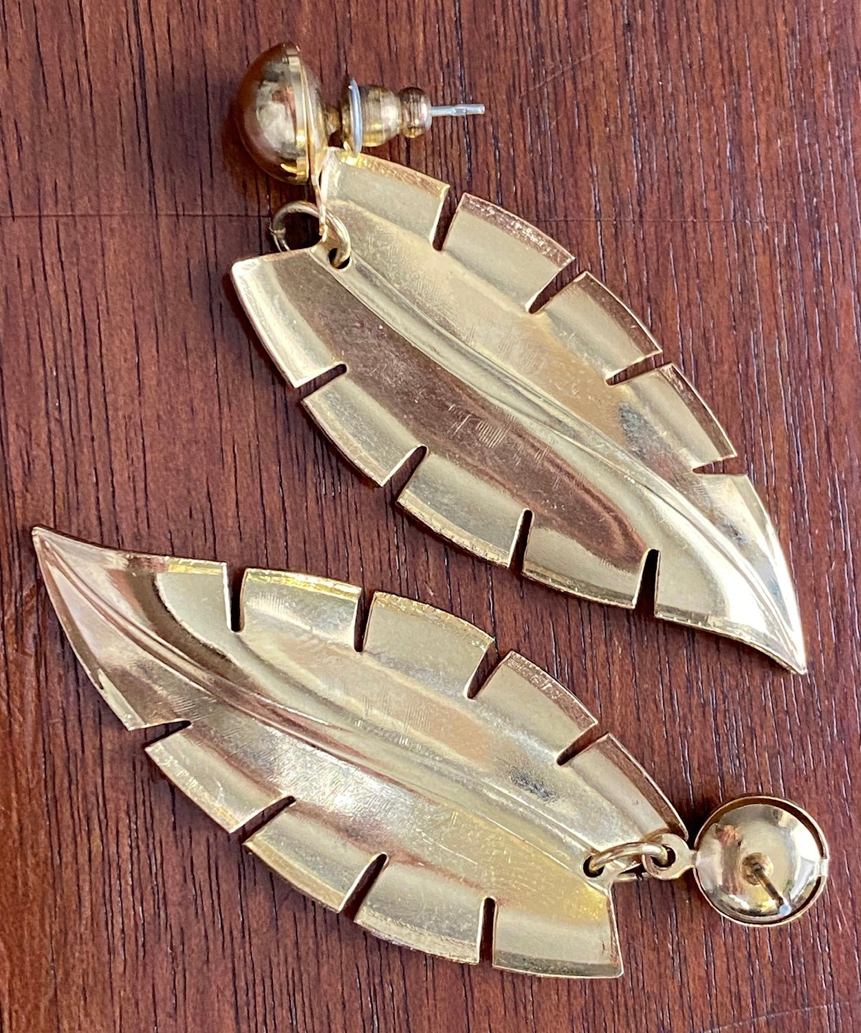 Vintage Two Tone Gold Metal Drop Dangly Leaf Pierced Earrings