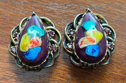 Vintage 80's Large Colorful Rhinestone Resin Confetti Clip on Earrings