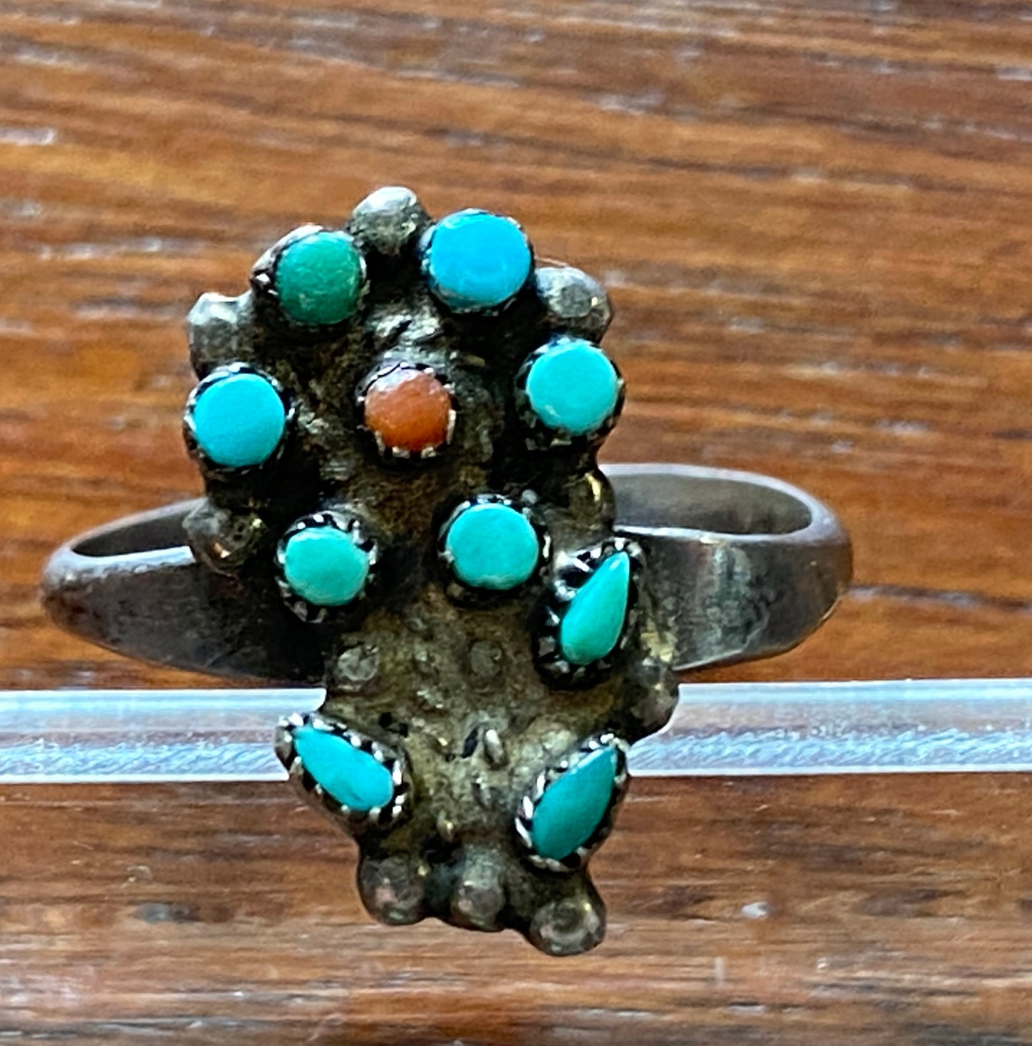 Vintage Old Pawn Silver Turquoise Coral Ring Sz 7 Needle Point