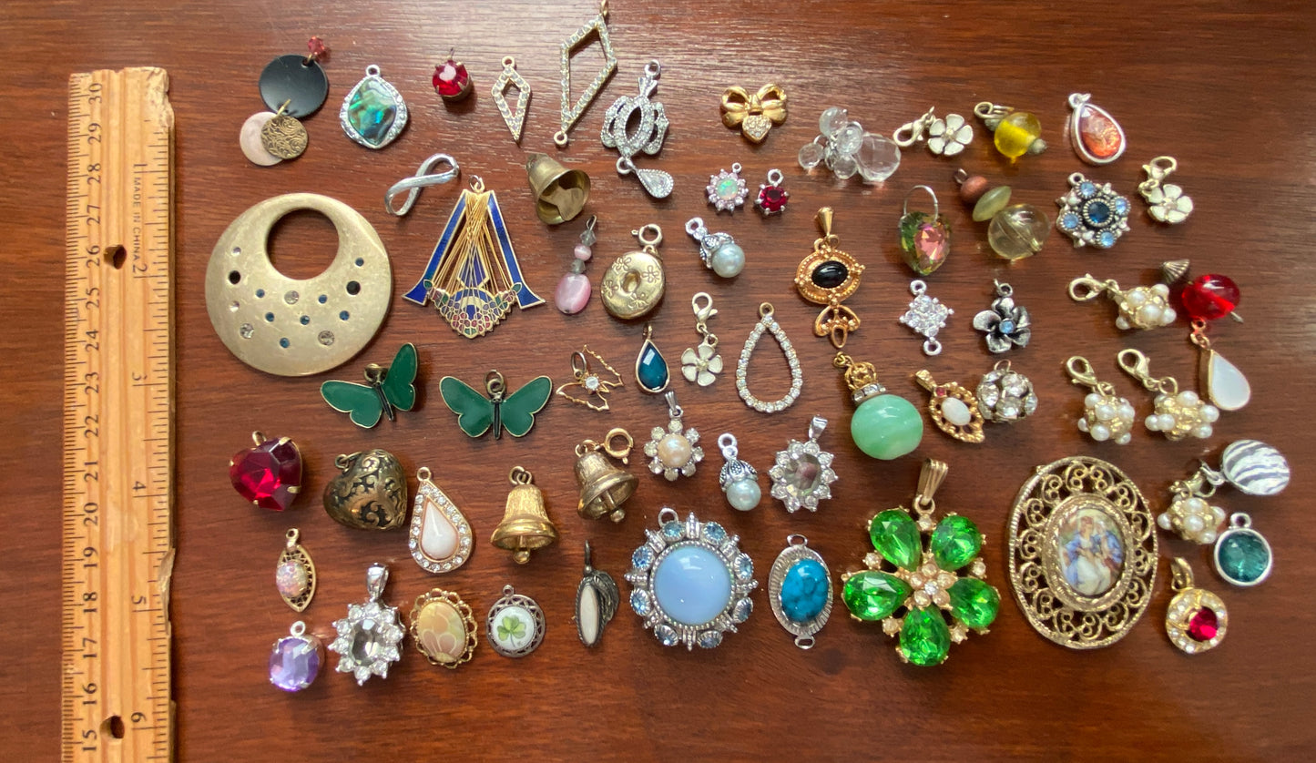 Huge Lot of Vintage to Now Necklace Pendants Charms Some Signed Rhinestones Hearts