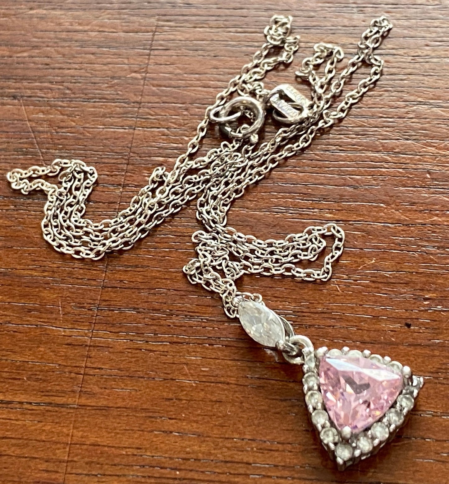 Sterling Silver 925 Chain Pendant Necklace Trillion Cut Pink Clear Round CZ