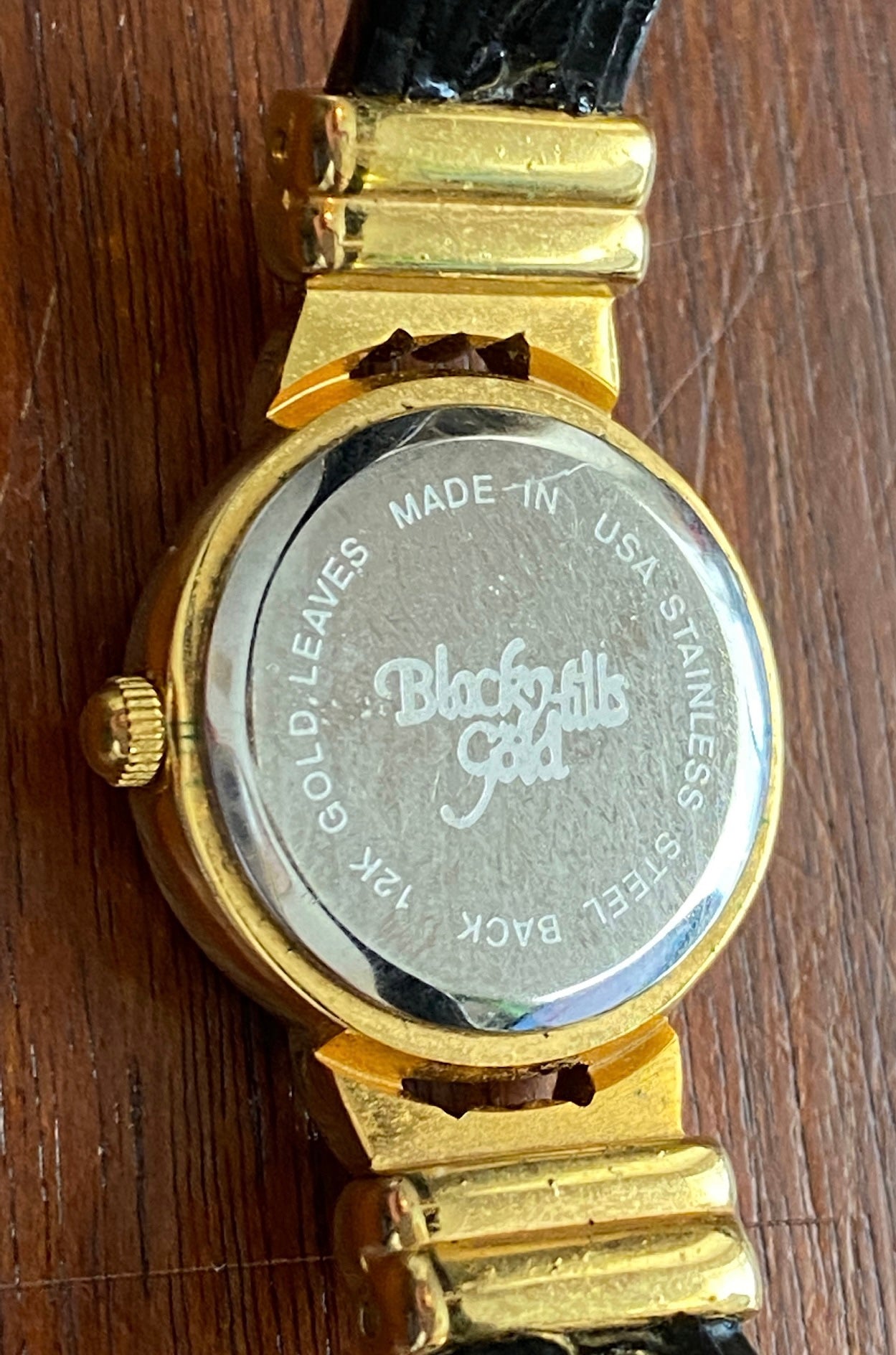 12k Black Hills Gold Wristwatch Black Leather Clamper Band