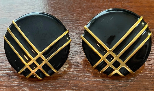 Vintage Signed Napier Black Gold Round Pierced Earrings