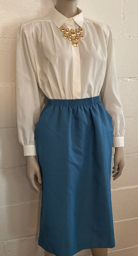 Vintage Blair Teal Secretary Skirt High Waisted Side Pockets Poly Wiggle Sz 8