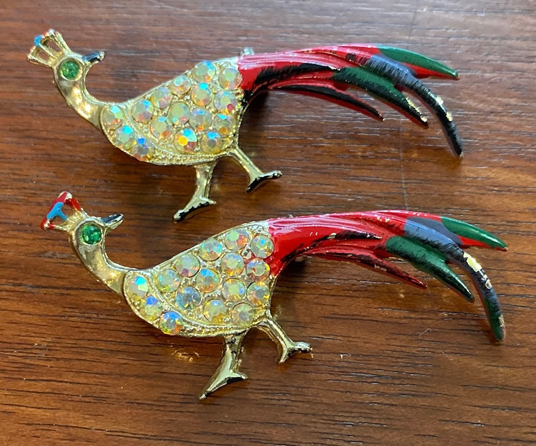 Set of 2 Vintage AB Aurora Borealis Painted Peacock Brooch Pins