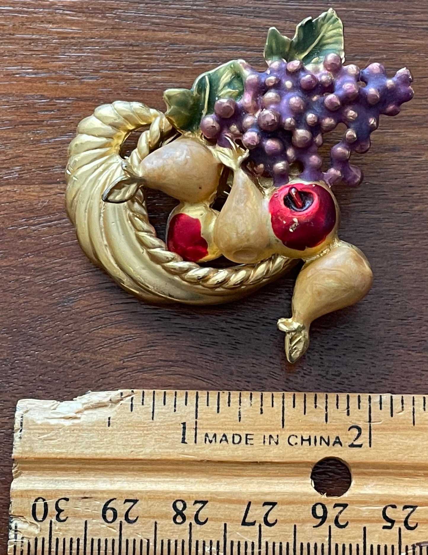 Vintage Signed AAI Cornucopia Harvest Painted Fruit Brooch Pin