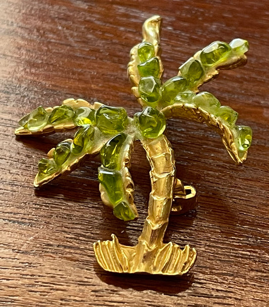 Vintage Gold Tone Metal Green Bead Palm Tree Brooch