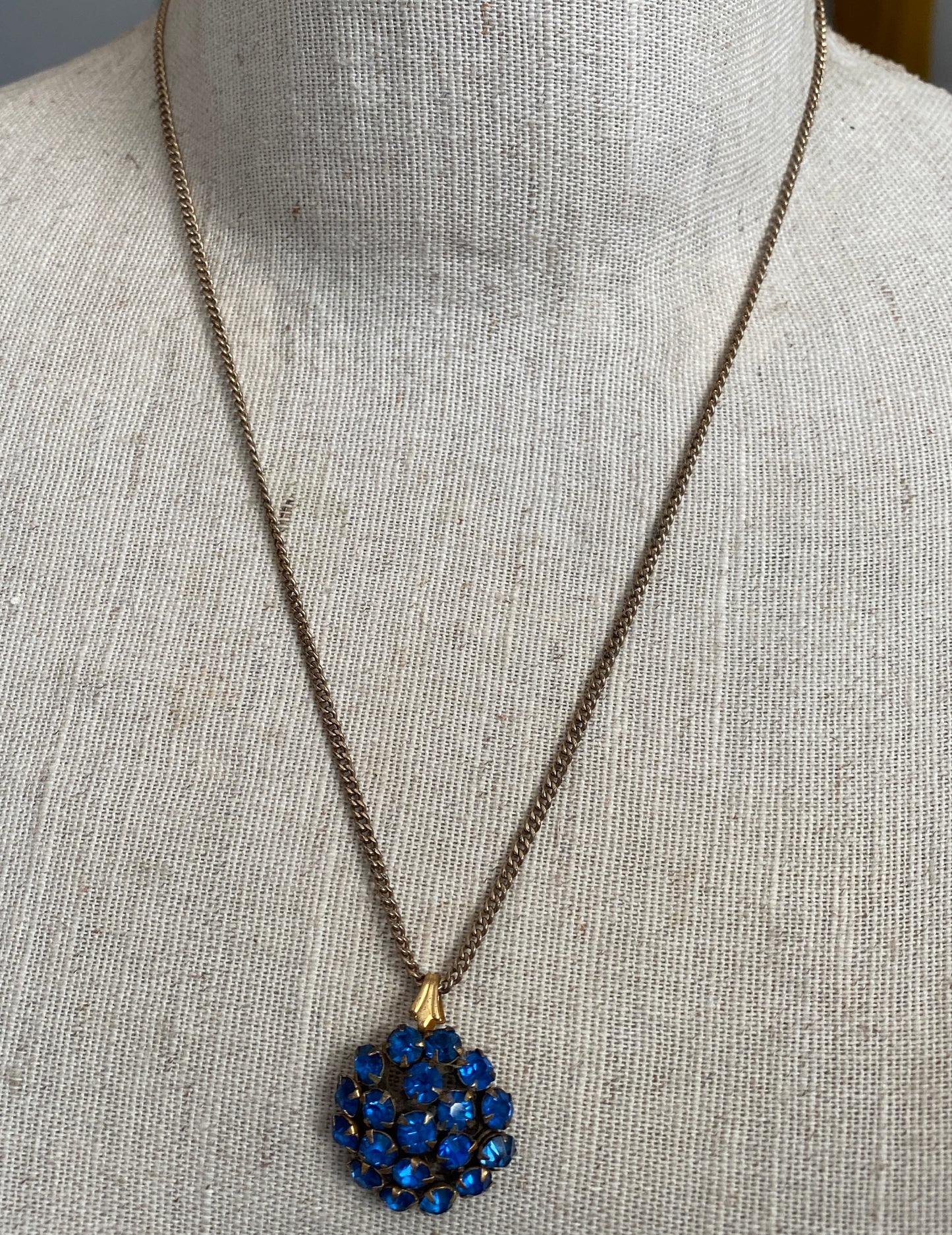 Vintage Blue Rhinestone Cluster Dome Pendant Necklace
