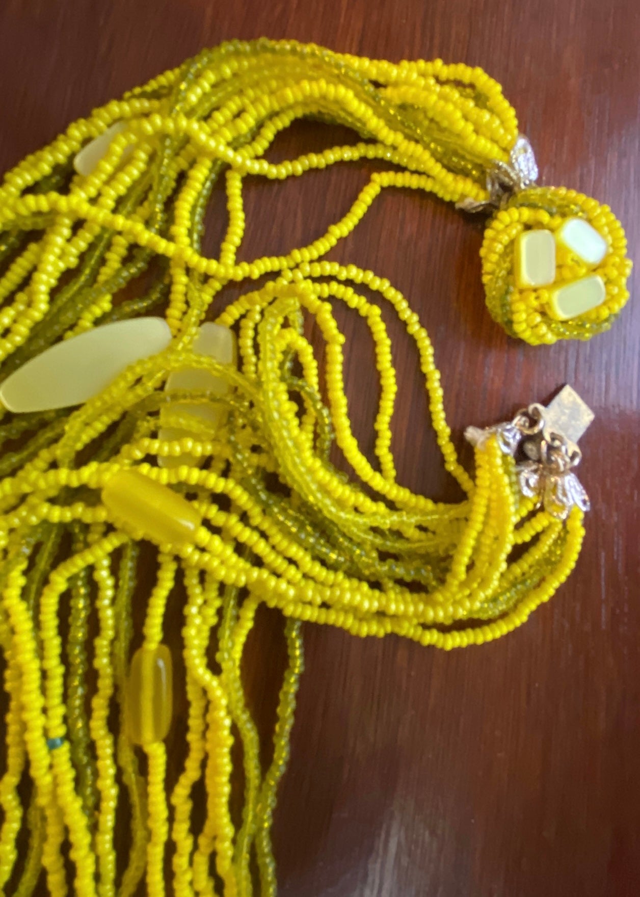 Bright Yellow Green Multistrand Glass Seed Bead Statement Necklace Bright