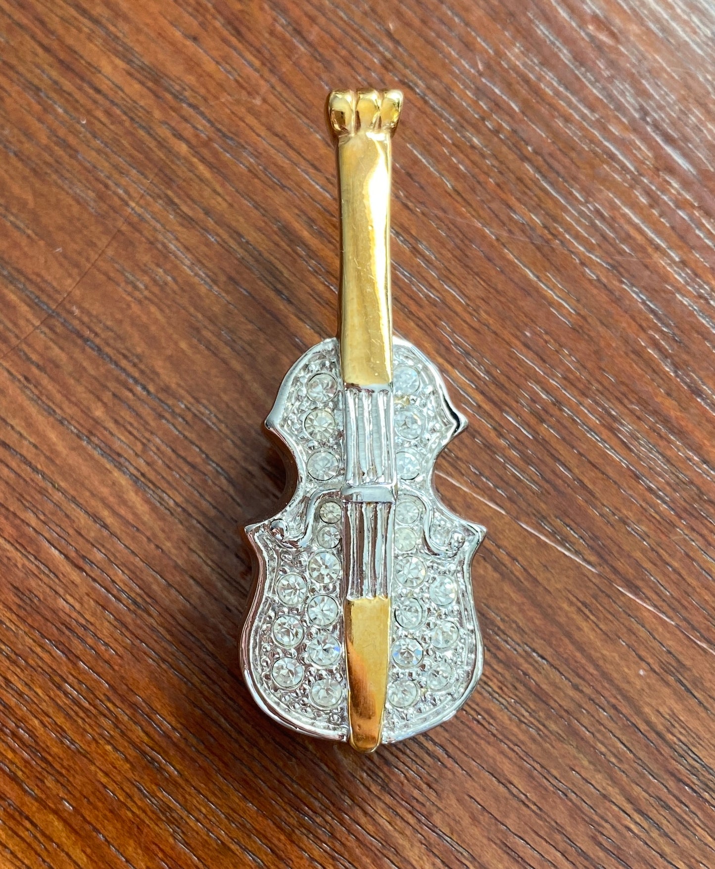 Vintage Signed Roman Gold Silver Tone Rhinestone Violin Brooch Pin