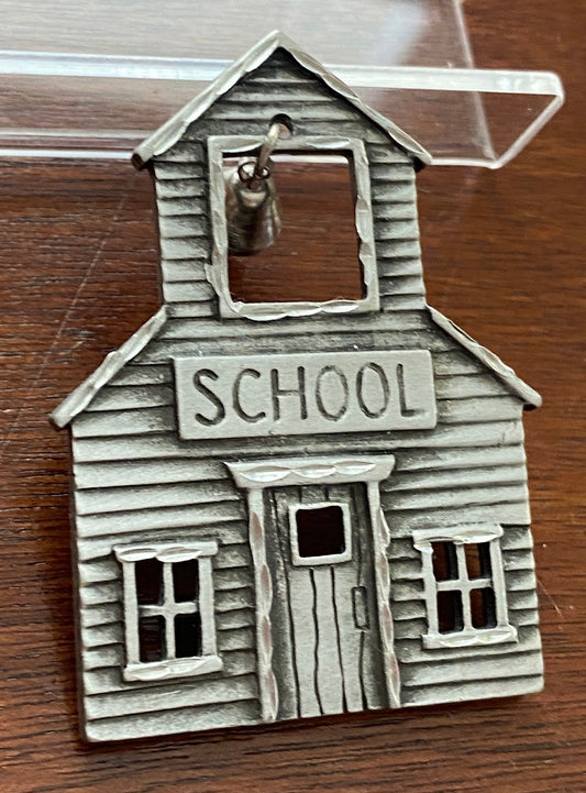 Vintage Signed JJ Pewter School House Bell Teacher Brooch Pin