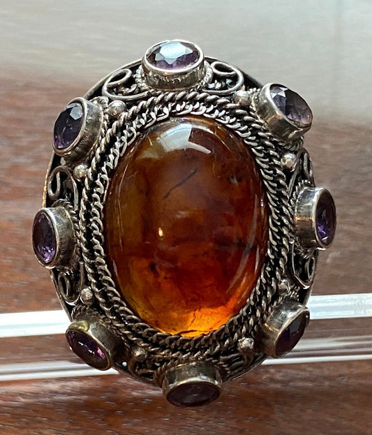 Sterling Silver 925 Amber Cabochon Amethyst Statement Ring Sz 10 Signed BJ