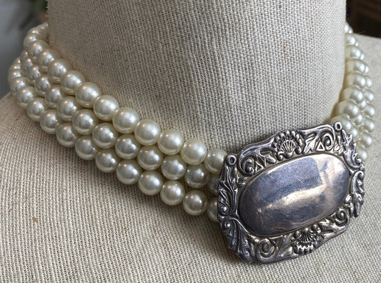 Designer MFX Sterling Silver 925 Multistrand Faux Pearl Choker Necklace