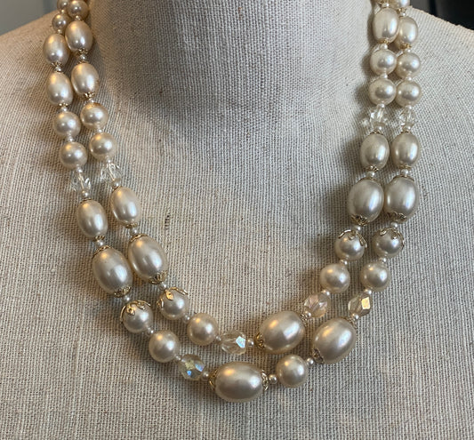Vintage Ivory Faux Pearl Multistrand Bead Necklace Made in Japan