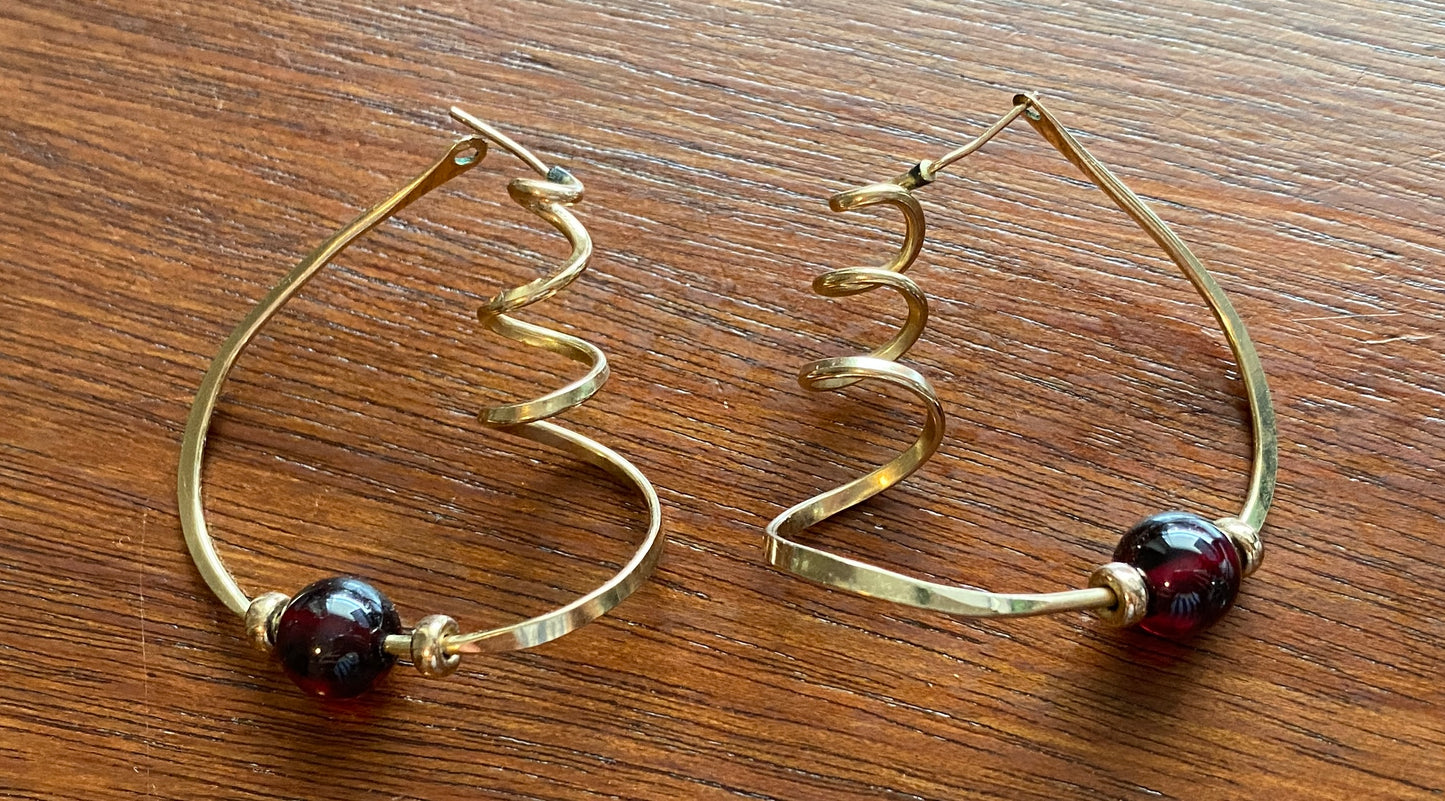 Gold Plated Cranberry Glass Pierced Earrings